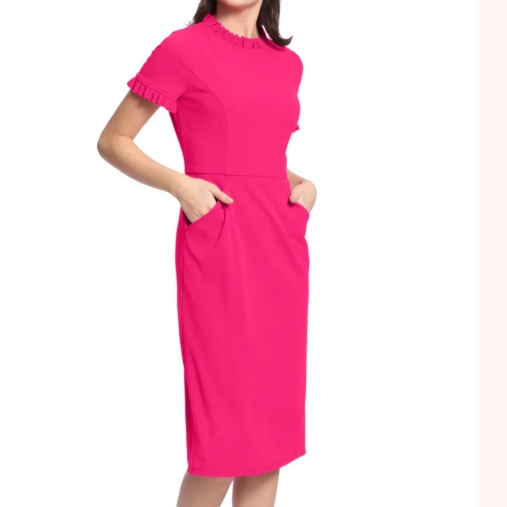 NWT Maggy London Ruffle Collar Slant Pocket Sheath Midi Dress - Picture 3 of 4